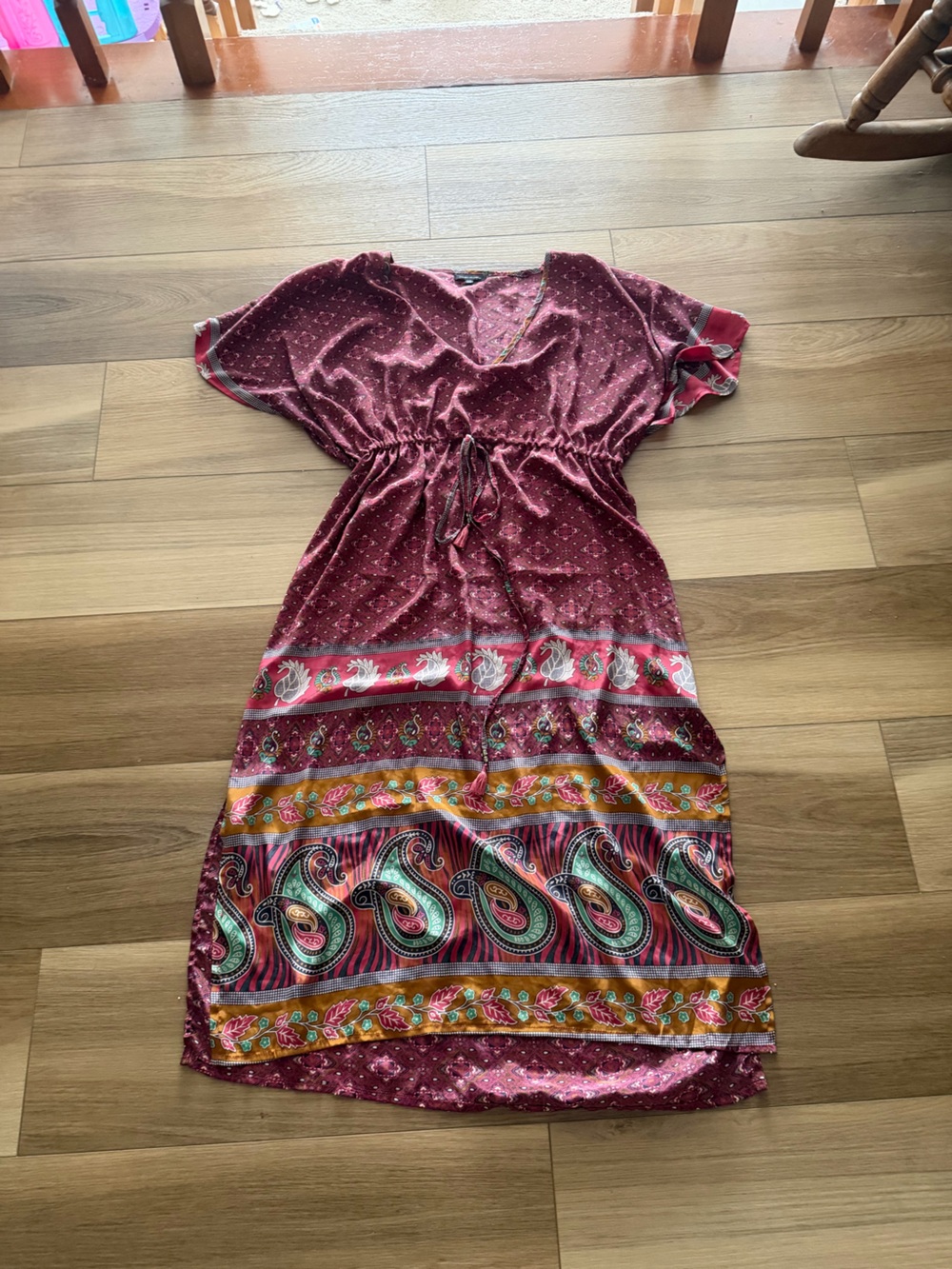 Karma Highway Womens Maroon Paisley Midi Dress with Drawstring Waist